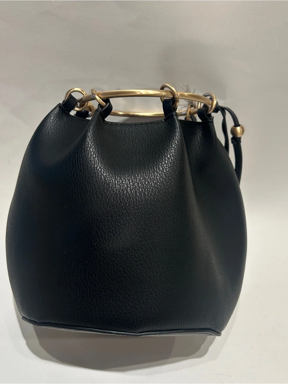 A New Day Black Faux Leather Ring Handle Bucket Bag Chic Gold Hardware Purse NWT